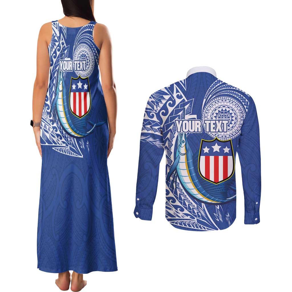 Personalised American Samoa Flag Day Couples Matching Tank Maxi Dress and Long Sleeve Button Shirt Fautasi Race Fagatogo-Iseula O Le Moana Sailfish Tribal Style LT03 - Polynesian Pride