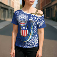 Personalised American Samoa Flag Day Cross Shoulder Shirt Fautasi Race Fagatogo-Iseula O Le Moana Sailfish Tribal Style LT03 - Polynesian Pride