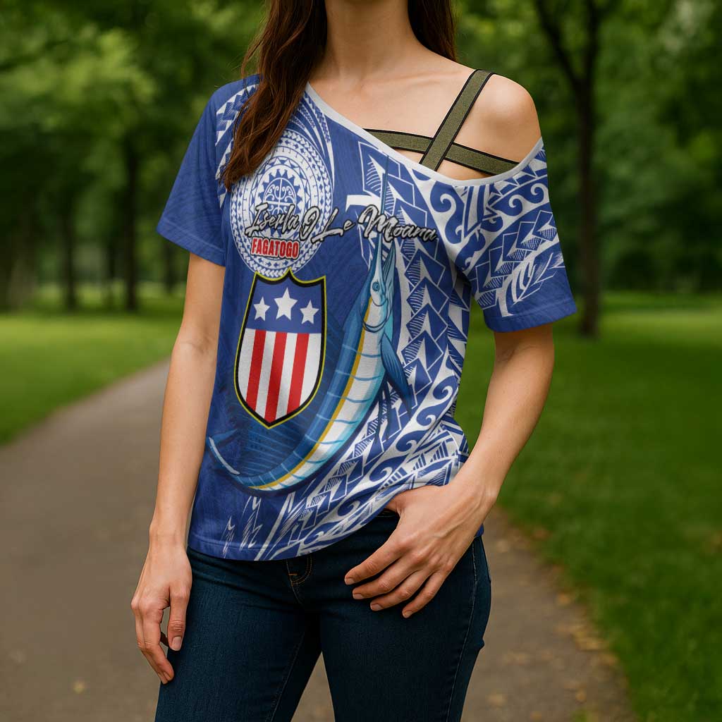 Personalised American Samoa Flag Day Cross Shoulder Shirt Fautasi Race Fagatogo-Iseula O Le Moana Sailfish Tribal Style LT03 - Polynesian Pride