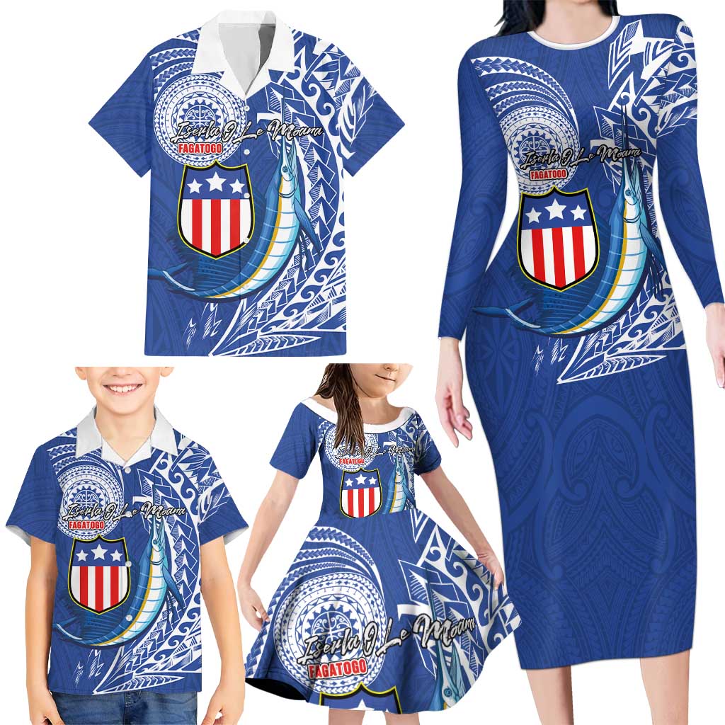 Personalised American Samoa Flag Day Family Matching Long Sleeve Bodycon Dress and Hawaiian Shirt Fautasi Race Fagatogo-Iseula O Le Moana Sailfish Tribal Style LT03 - Polynesian Pride