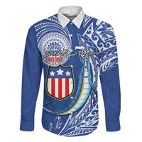 Personalised American Samoa Flag Day Family Matching Off Shoulder Short Dress and Hawaiian Shirt Fautasi Race Fagatogo-Iseula O Le Moana Sailfish Tribal Style LT03 Dad's Shirt - Long Sleeve Multicolor - Polynesian Pride