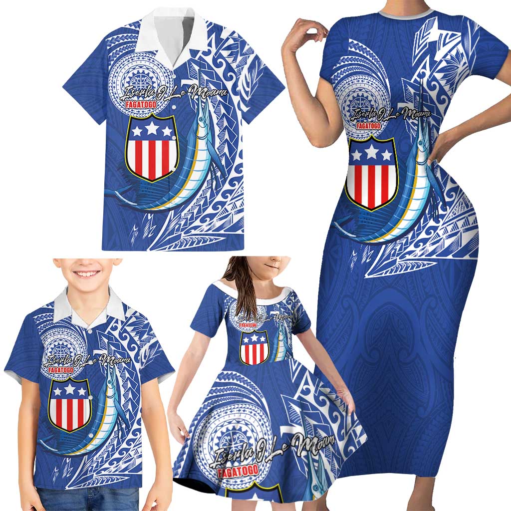 Personalised American Samoa Flag Day Family Matching Short Sleeve Bodycon Dress and Hawaiian Shirt Fautasi Race Fagatogo-Iseula O Le Moana Sailfish Tribal Style