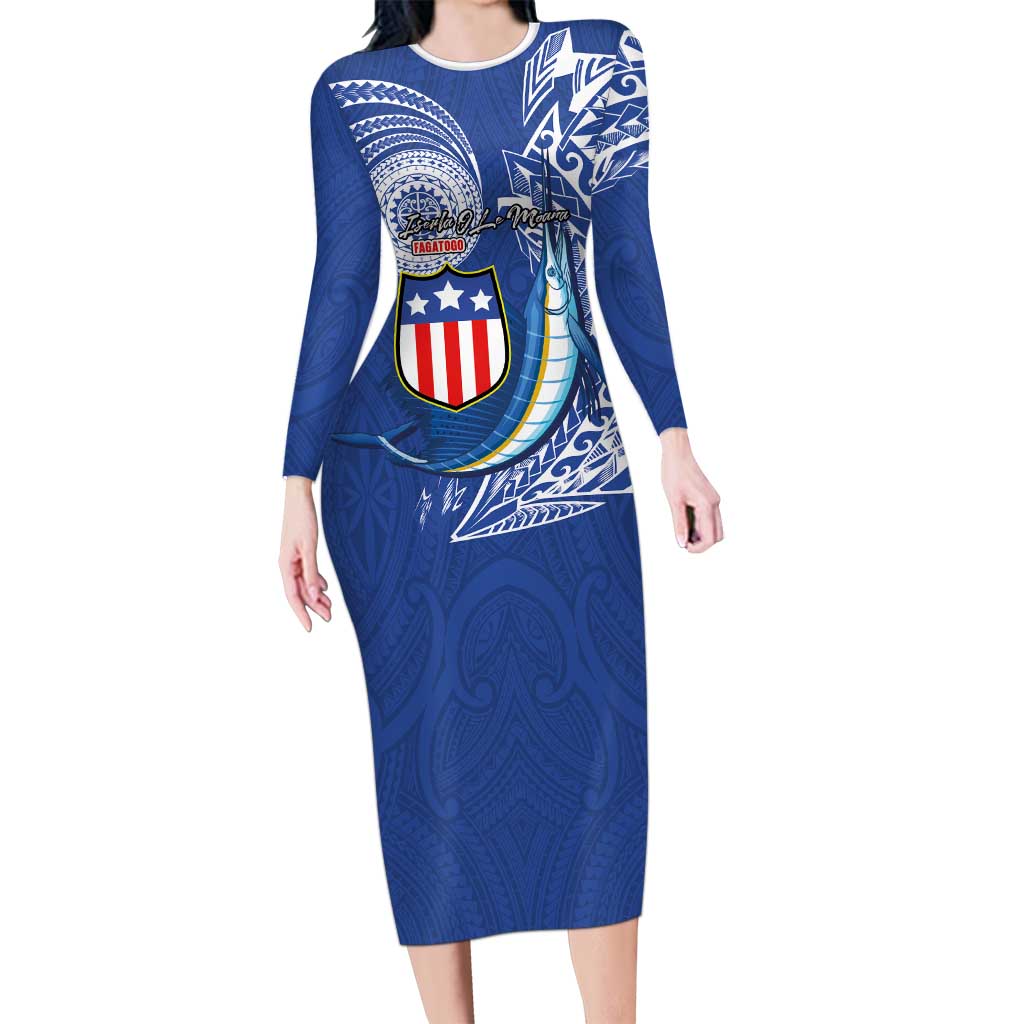 Personalised American Samoa Flag Day Long Sleeve Bodycon Dress Fautasi Race Fagatogo-Iseula O Le Moana Sailfish Tribal Style