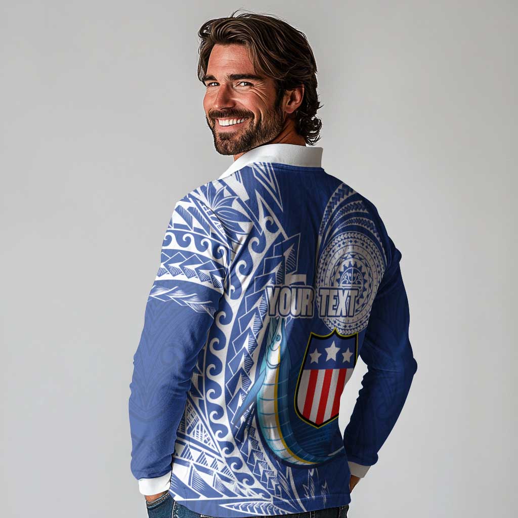 Personalised American Samoa Flag Day Long Sleeve Polo Shirt Fautasi Race Fagatogo-Iseula O Le Moana Sailfish Tribal Style LT03 - Polynesian Pride
