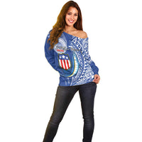 Personalised American Samoa Flag Day Off Shoulder Sweater Fautasi Race Fagatogo-Iseula O Le Moana Sailfish Tribal Style