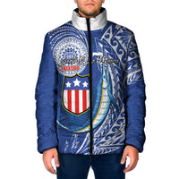 Personalised American Samoa Flag Day Padded Jacket Fautasi Race Fagatogo-Iseula O Le Moana Sailfish Tribal Style