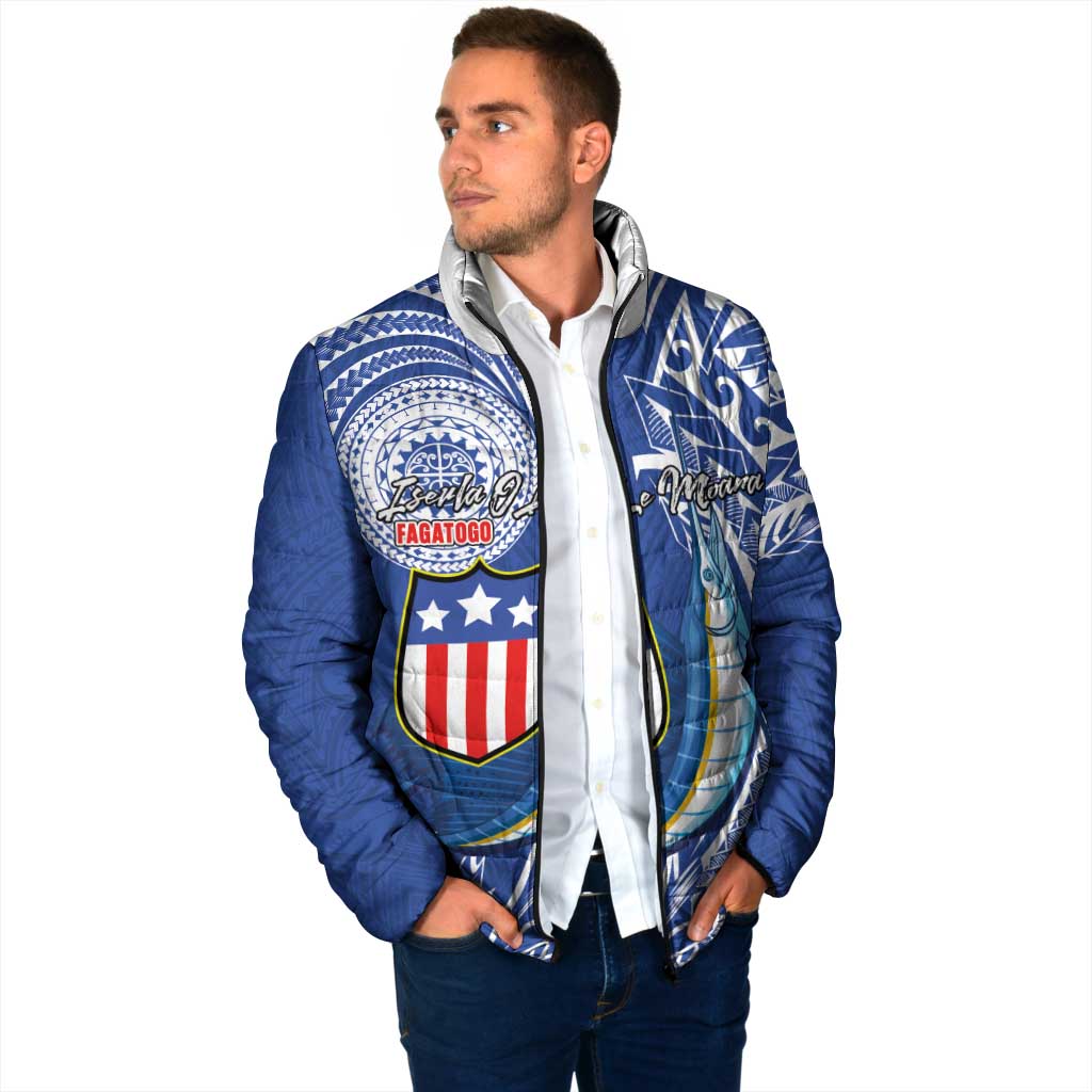 Personalised American Samoa Flag Day Padded Jacket Fautasi Race Fagatogo-Iseula O Le Moana Sailfish Tribal Style