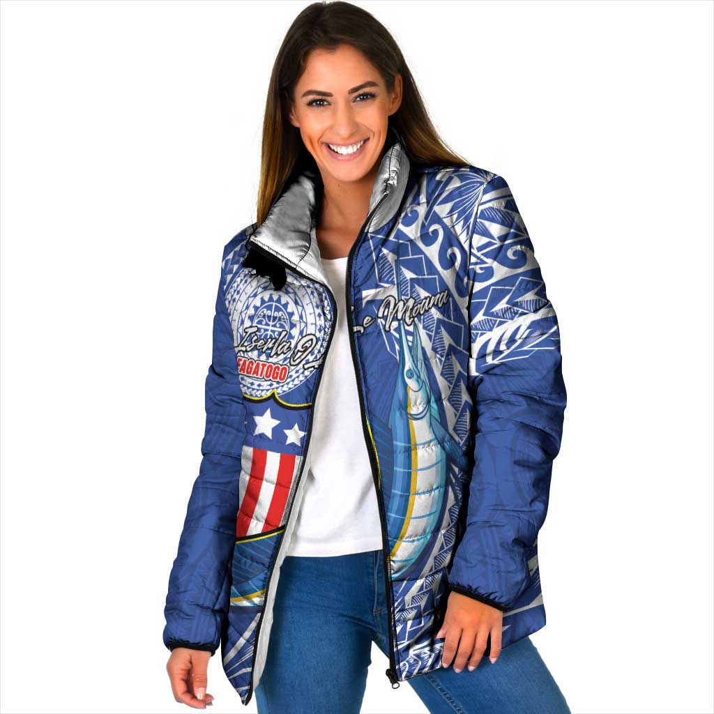 Personalised American Samoa Flag Day Padded Jacket Fautasi Race Fagatogo-Iseula O Le Moana Sailfish Tribal Style