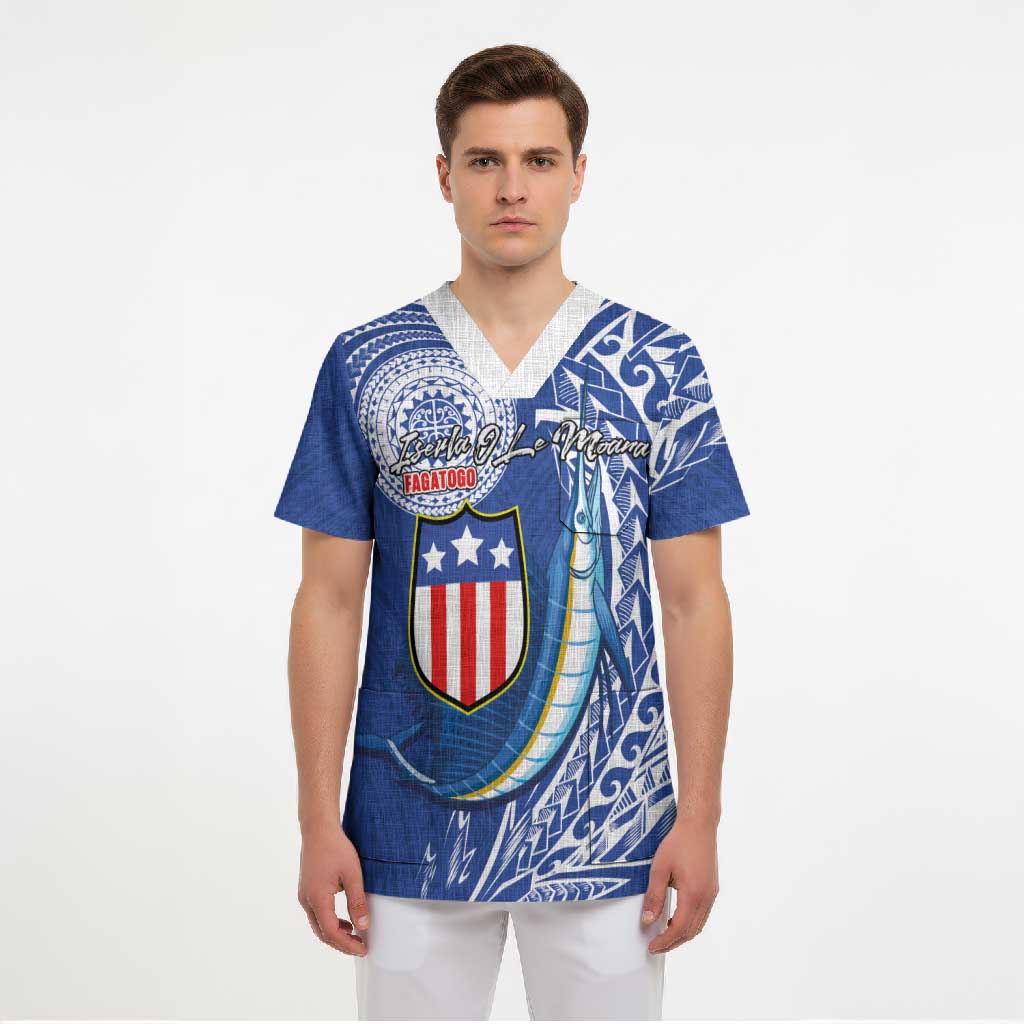 Personalised American Samoa Flag Day Scrub Top Fautasi Race Fagatogo-Iseula O Le Moana Sailfish Tribal Style