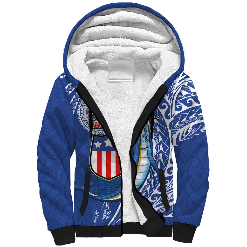 Personalised American Samoa Flag Day Sherpa Hoodie Fautasi Race Fagatogo-Iseula O Le Moana Sailfish Tribal Style