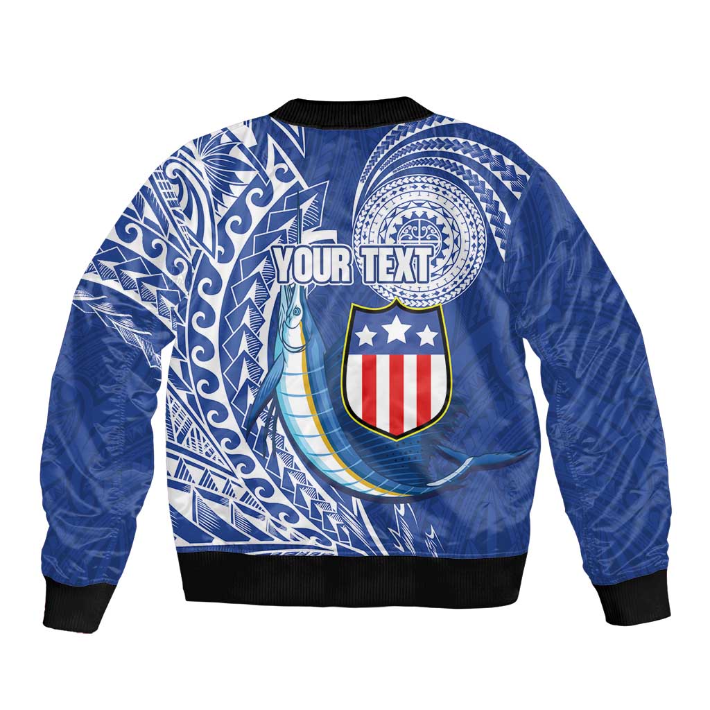 Personalised American Samoa Flag Day Sleeve Zip Bomber Jacket Fautasi Race Fagatogo-Iseula O Le Moana Sailfish Tribal Style