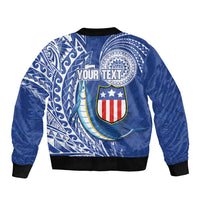 Personalised American Samoa Flag Day Sleeve Zip Bomber Jacket Fautasi Race Fagatogo-Iseula O Le Moana Sailfish Tribal Style