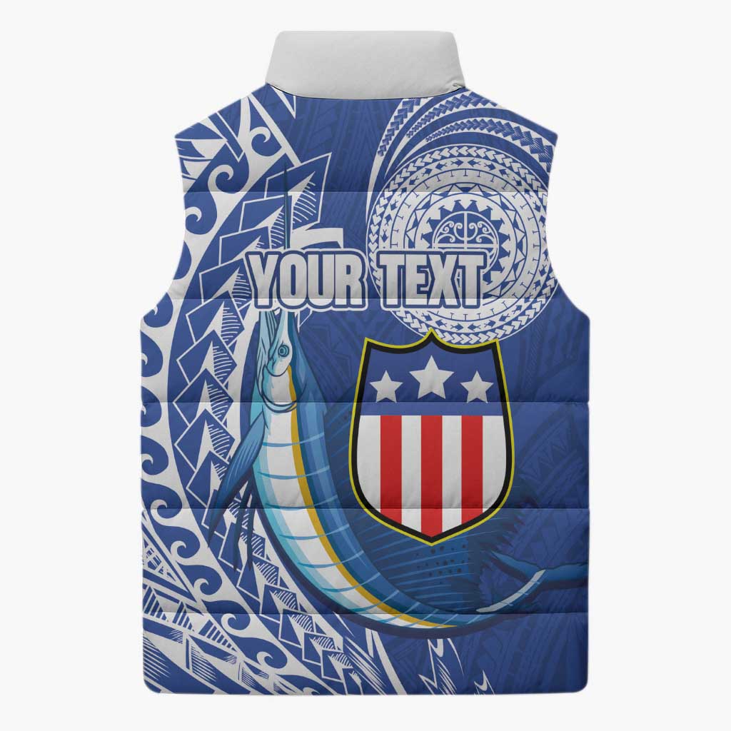 Personalised American Samoa Flag Day Sleeveless Puffer Jacket Fautasi Race Fagatogo-Iseula O Le Moana Sailfish Tribal Style