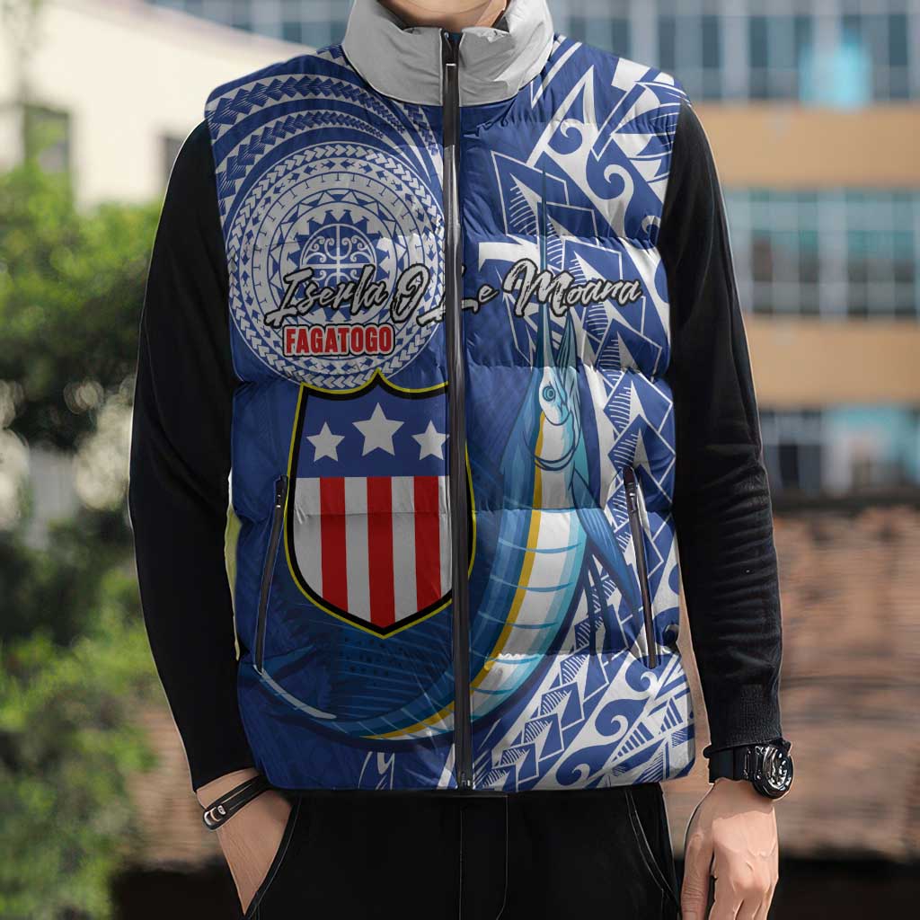 Personalised American Samoa Flag Day Sleeveless Puffer Jacket Fautasi Race Fagatogo-Iseula O Le Moana Sailfish Tribal Style