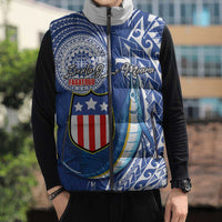 Personalised American Samoa Flag Day Sleeveless Puffer Jacket Fautasi Race Fagatogo-Iseula O Le Moana Sailfish Tribal Style