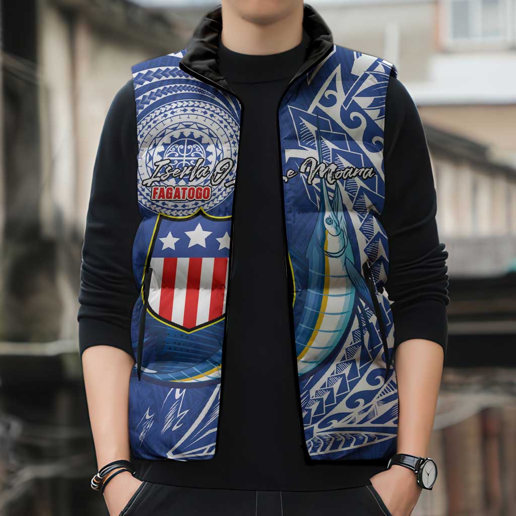 Personalised American Samoa Flag Day Sleeveless Puffer Jacket Fautasi Race Fagatogo-Iseula O Le Moana Sailfish Tribal Style