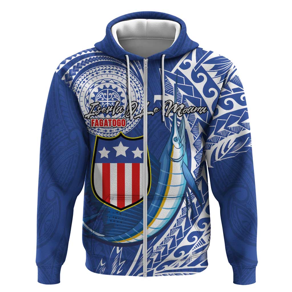 Personalised American Samoa Flag Day Zip Hoodie Fautasi Race Fagatogo-Iseula O Le Moana Sailfish Tribal Style