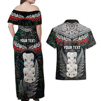 New Zealand Hei Tiki Couples Matching Off Shoulder Maxi Dress and Hawaiian Shirt Maori Green Papua Shell Pattern LT03 - Polynesian Pride