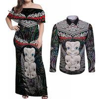 New Zealand Hei Tiki Couples Matching Off Shoulder Maxi Dress and Long Sleeve Button Shirt Maori Green Papua Shell Pattern LT03 Green - Polynesian Pride