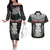 New Zealand Hei Tiki Couples Matching Off The Shoulder Long Sleeve Dress and Hawaiian Shirt Maori Green Papua Shell Pattern LT03 Green - Polynesian Pride