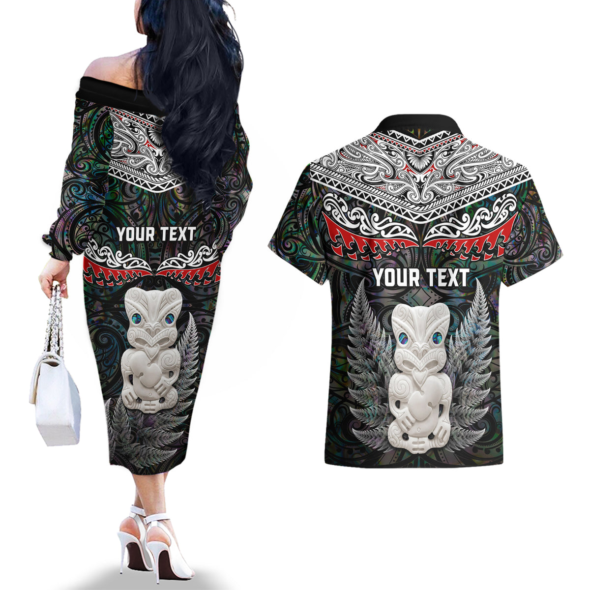 New Zealand Hei Tiki Couples Matching Off The Shoulder Long Sleeve Dress and Hawaiian Shirt Maori Green Papua Shell Pattern LT03 - Polynesian Pride