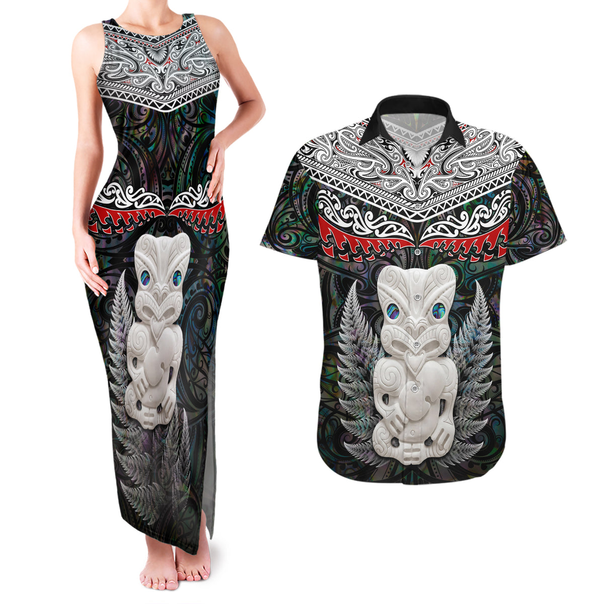 New Zealand Hei Tiki Couples Matching Tank Maxi Dress and Hawaiian Shirt Maori Green Papua Shell Pattern LT03 Green - Polynesian Pride