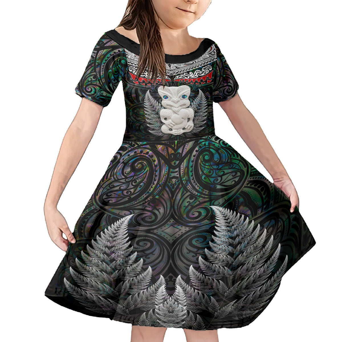 New Zealand Hei Tiki Family Matching Off Shoulder Long Sleeve Dress and Hawaiian Shirt Maori Green Papua Shell Pattern LT03 Daughter's Dress Green - Polynesian Pride