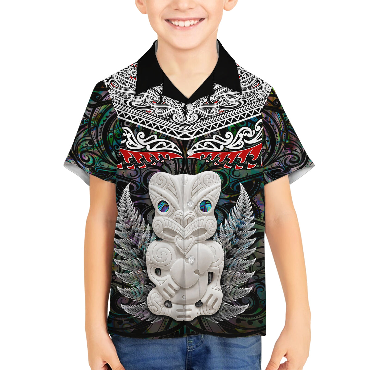 New Zealand Hei Tiki Family Matching Off Shoulder Long Sleeve Dress and Hawaiian Shirt Maori Green Papua Shell Pattern LT03 Son's Shirt Green - Polynesian Pride