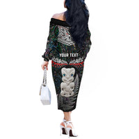 New Zealand Hei Tiki Off The Shoulder Long Sleeve Dress Maori Green Papua Shell Pattern LT03 - Polynesian Pride