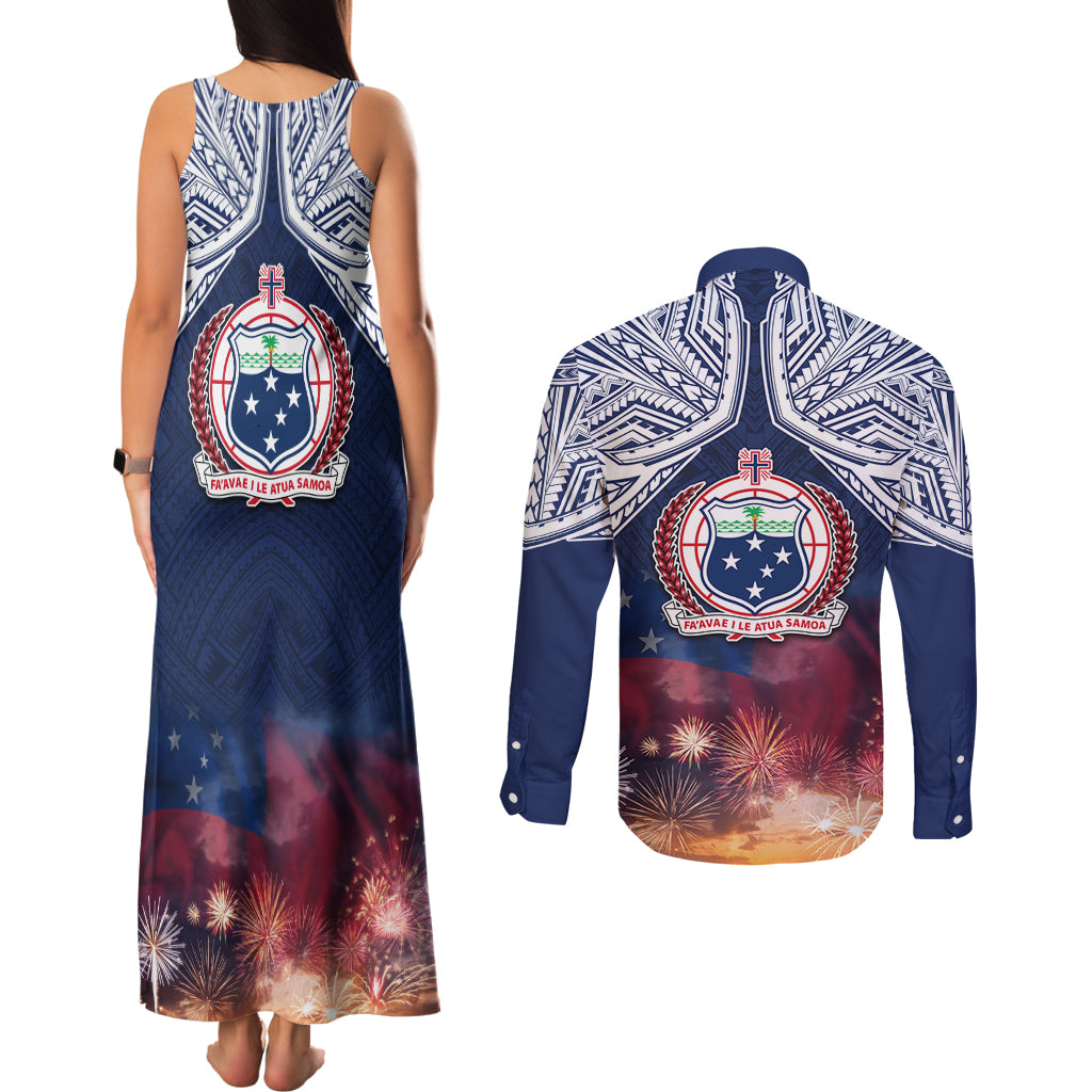 Samoa Indenpendence Day Couples Matching Tank Maxi Dress and Long Sleeve Button Shirt Sky Fireworks with Flag Style LT03 - Polynesian Pride