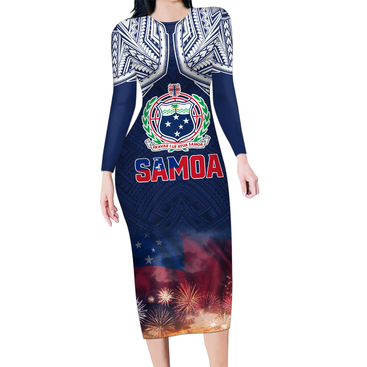 Samoa Indenpendence Day Family Matching Long Sleeve Bodycon Dress and Hawaiian Shirt Sky Fireworks with Flag Style LT03 Mom's Dress Black - Polynesian Pride