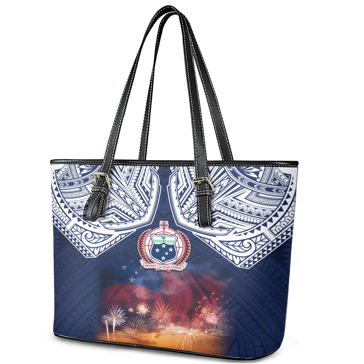 Samoa Indenpendence Day Leather Tote Bag Sky Fireworks with Flag Style LT03 - Polynesian Pride