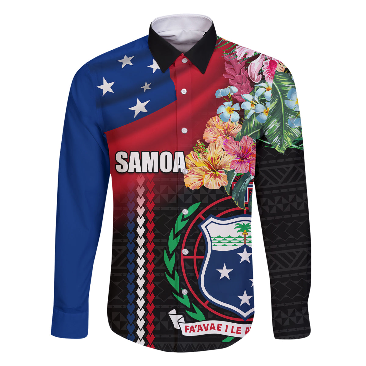 Personalised Samoa Indenpendence Day Family Matching Summer Maxi Dress and Hawaiian Shirt Tropical Samoan Coat of Arms With Siapo Pattern LT03 Dad's Shirt - Long Sleeve Black - Polynesian Pride