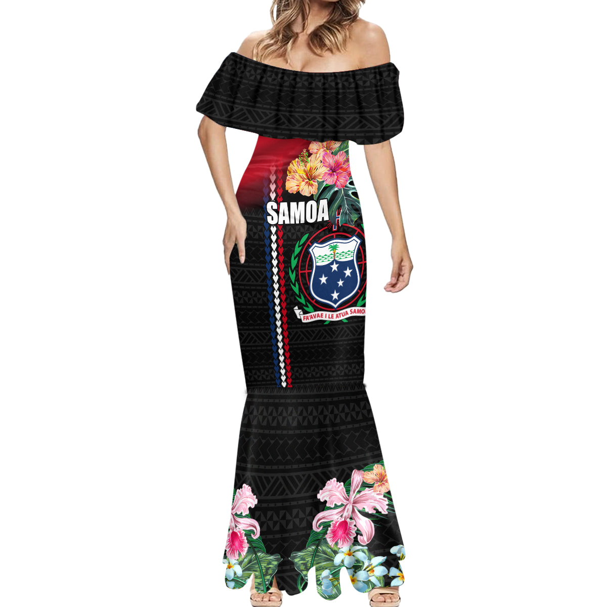 Personalised Samoa Indenpendence Day Mermaid Dress Tropical Samoan Coat of Arms With Siapo Pattern LT03 - Polynesian Pride