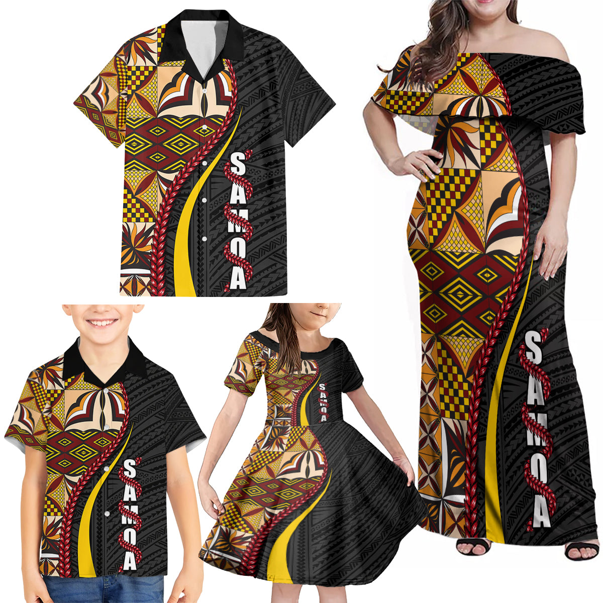 Samoa Siapo Ula Fala Family Matching Off Shoulder Maxi Dress and Hawaiian Shirt Polynesian Tribal Pattern LT03 - Polynesian Pride