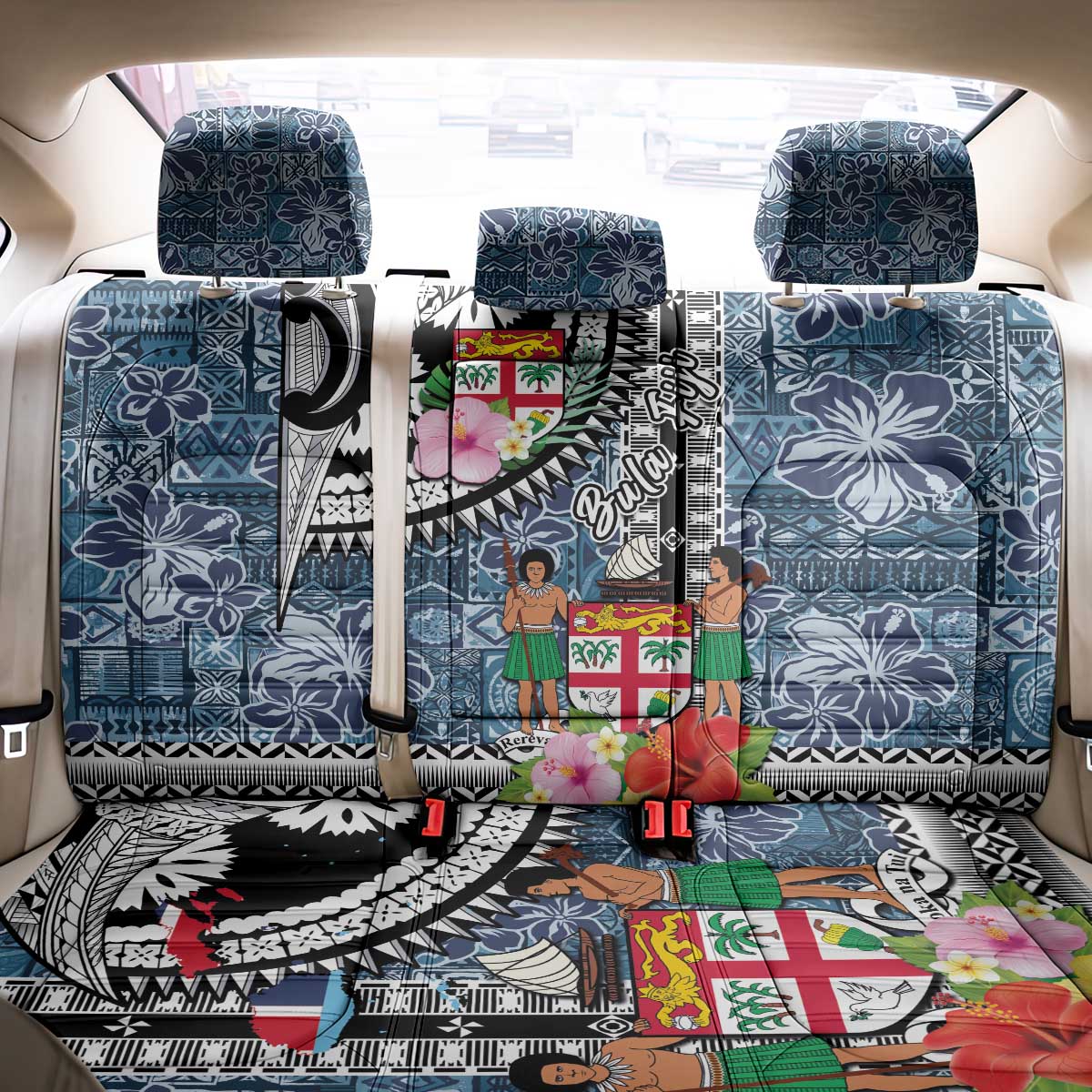 Fiji Day Back Car Seat Cover Traditional Tapa with Hibiscus and Emblems