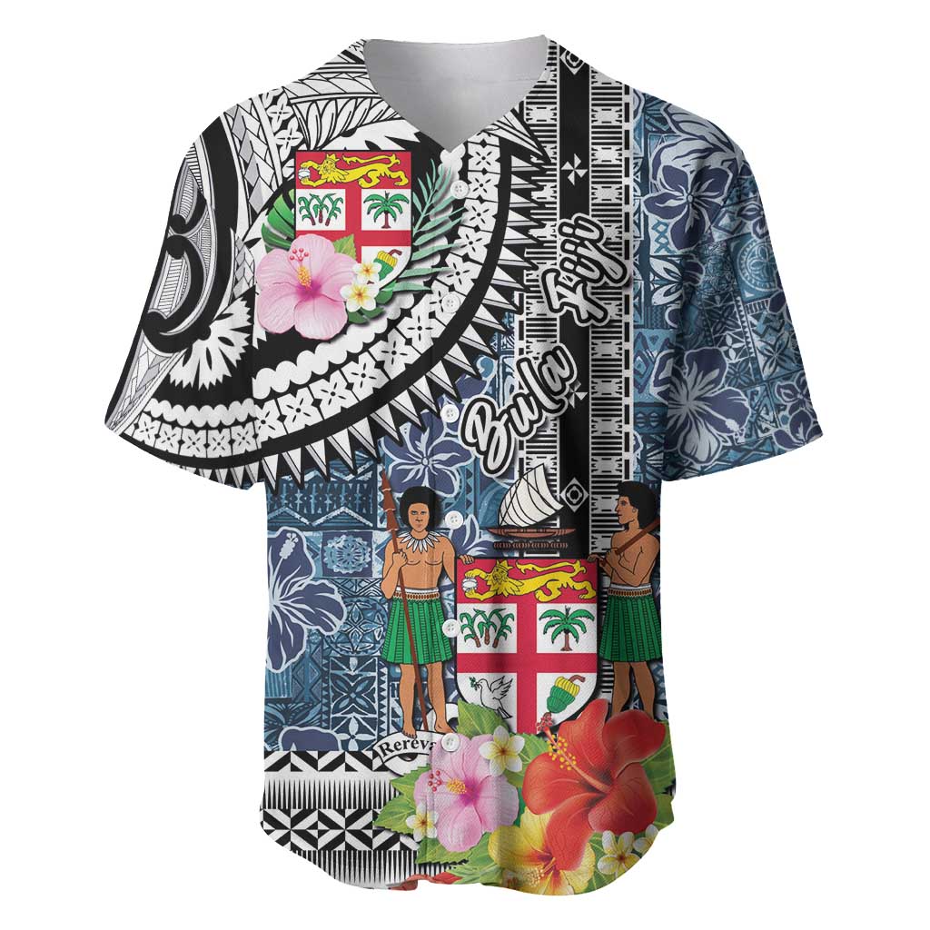 Fiji Day Baseball Jersey Traditional Tapa with Hibiscus and Emblems