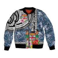 Fiji Day Bomber Jacket Traditional Tapa with Hibiscus and Emblems