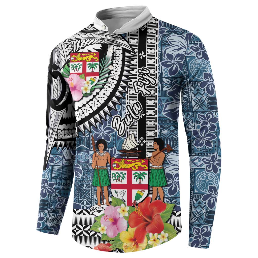 Fiji Day Button Sweatshirt Traditional Tapa with Hibiscus and Emblems