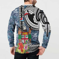 Fiji Day Button Sweatshirt Traditional Tapa with Hibiscus and Emblems