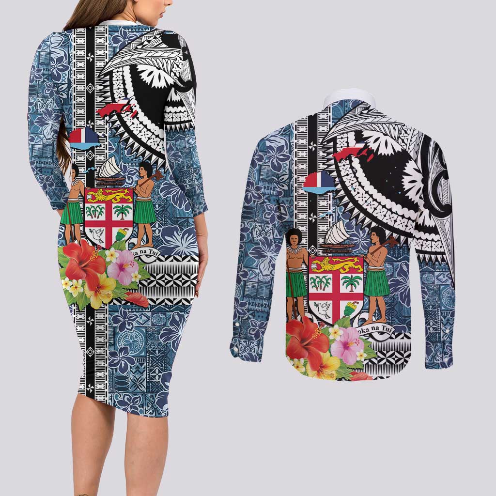 Fiji Day Couples Matching Long Sleeve Bodycon Dress and Long Sleeve Button Shirt Traditional Tapa with Hibiscus and Emblems
