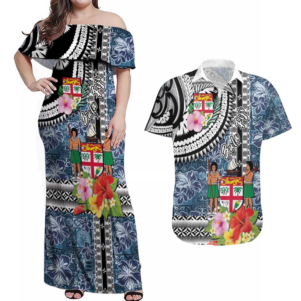 Fiji Day Couples Matching Off Shoulder Maxi Dress and Hawaiian Shirt Traditional Tapa with Hibiscus and Emblems