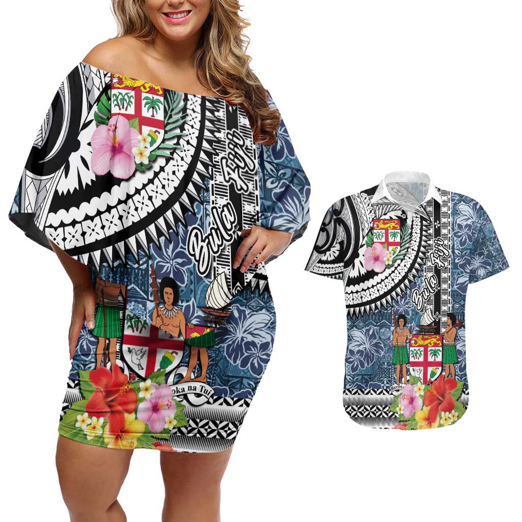 Fiji Day Couples Matching Off Shoulder Short Dress and Hawaiian Shirt Traditional Tapa with Hibiscus and Emblems
