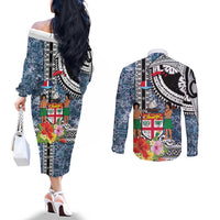 Fiji Day Couples Matching Off The Shoulder Long Sleeve Dress and Long Sleeve Button Shirt Traditional Tapa with Hibiscus and Emblems