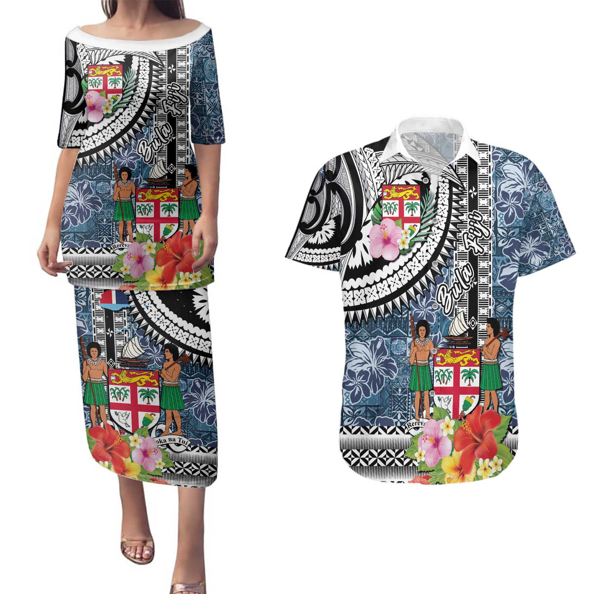 Fiji Day Couples Matching Puletasi and Hawaiian Shirt Traditional Tapa with Hibiscus and Emblems