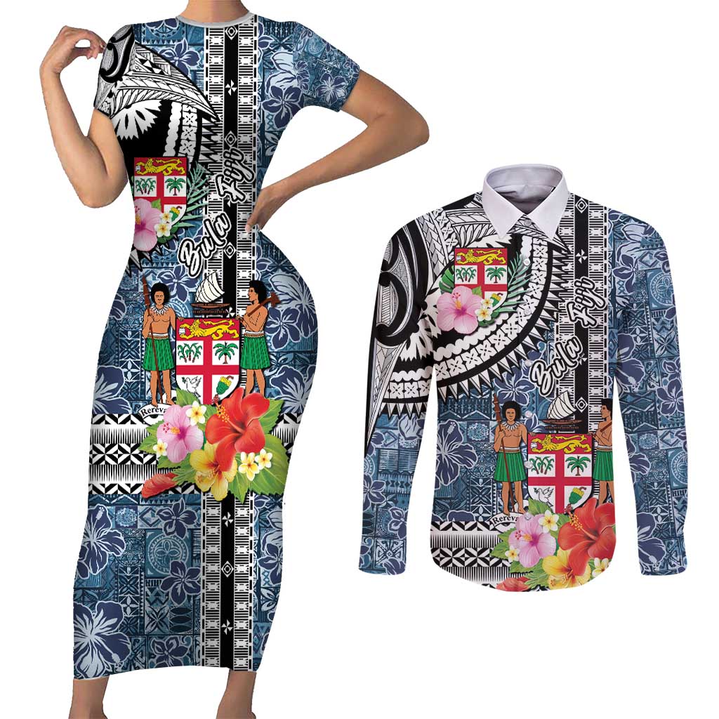 Fiji Day Couples Matching Short Sleeve Bodycon Dress and Long Sleeve Button Shirt Traditional Tapa with Hibiscus and Emblems