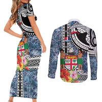 Fiji Day Couples Matching Short Sleeve Bodycon Dress and Long Sleeve Button Shirt Traditional Tapa with Hibiscus and Emblems