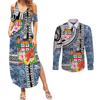 Fiji Day Couples Matching Summer Maxi Dress and Long Sleeve Button Shirt Traditional Tapa with Hibiscus and Emblems