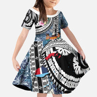 Fiji Day Kid Short Sleeve Dress Traditional Tapa with Hibiscus and Emblems
