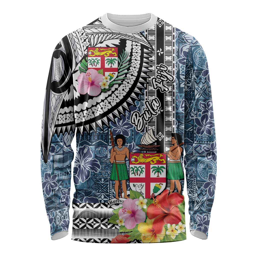 Fiji Day Long Sleeve Shirt Traditional Tapa with Hibiscus and Emblems